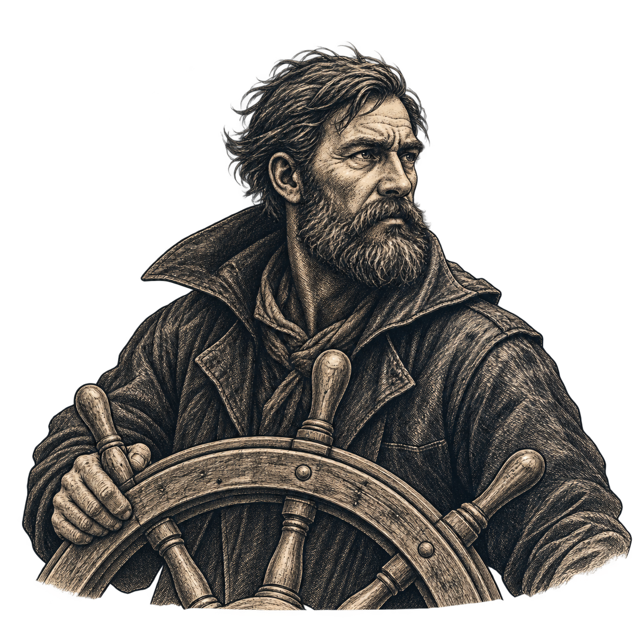 Engraving of a sailor holding a ship’s wheel